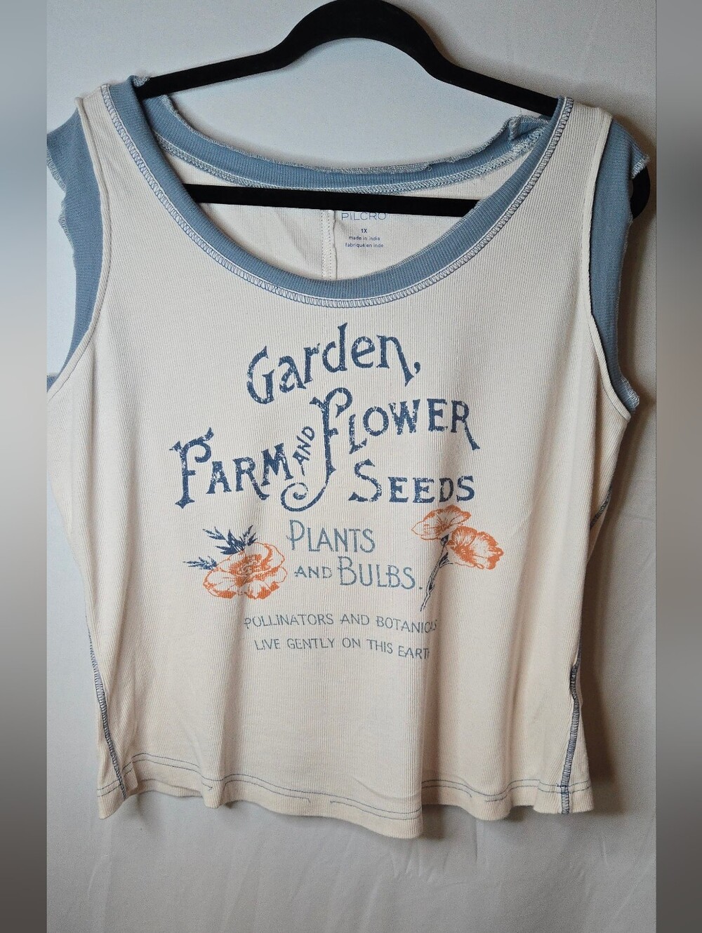 Anthropologie Pilcro 1X Colorblock Cream Muscle Tank Blue Trim Floral Print